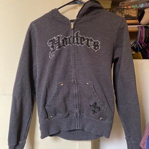 Grey Rhinestone Hooters Zip Up Hoodie